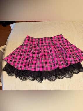 Hot Topic Hot Pink Plaid Mini Skirt with Black Lace Trim